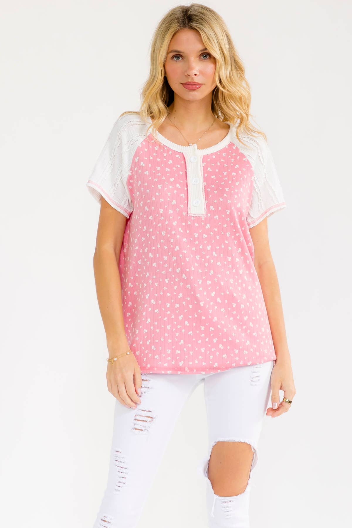 Floral Contrast Sleeve Henley