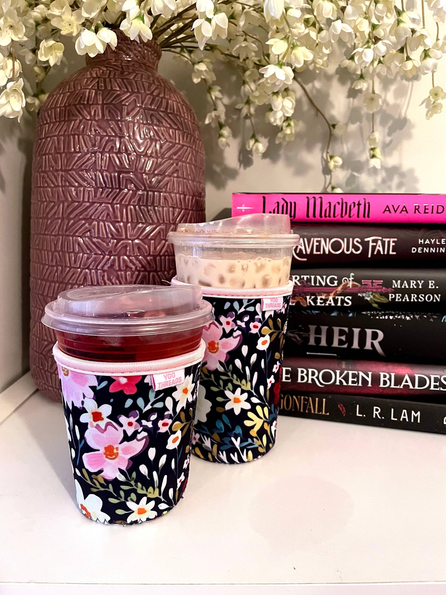 Navy Floral Iced Coffee Drink Sleeve - Small
