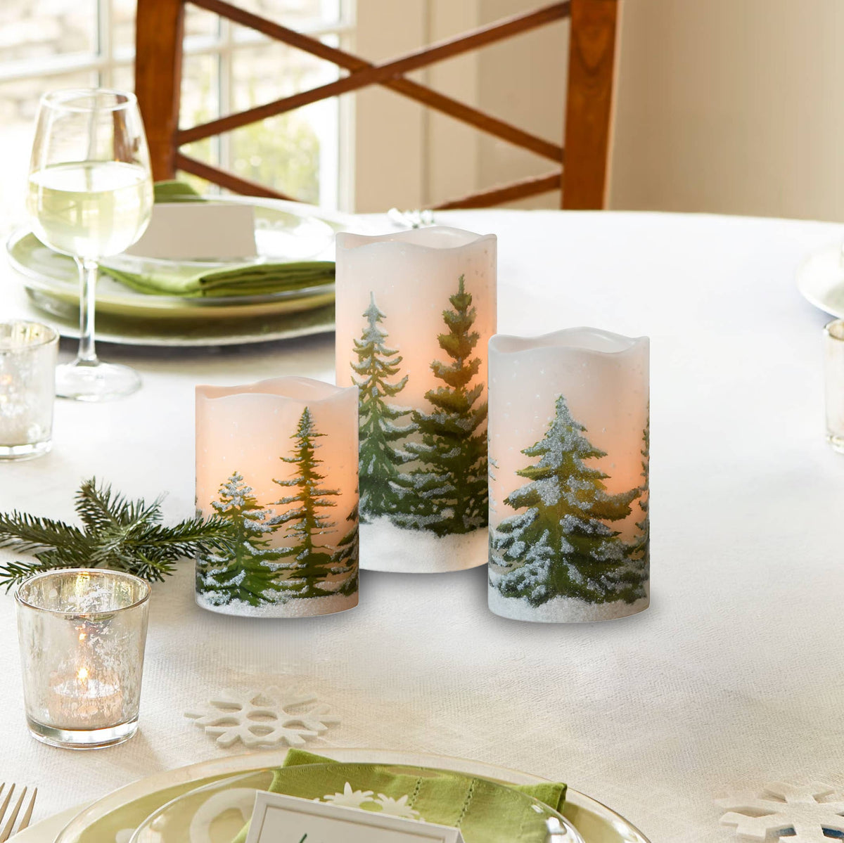 Battery Candle Green Pines - Set of 3