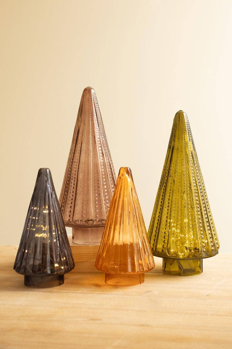 GLASS CHRISTMAS TREES - MULTI COLOR: Multi / Glass / Large (2): 7"d x 14.5"t;  Small (2): 5"d x 9.5"t