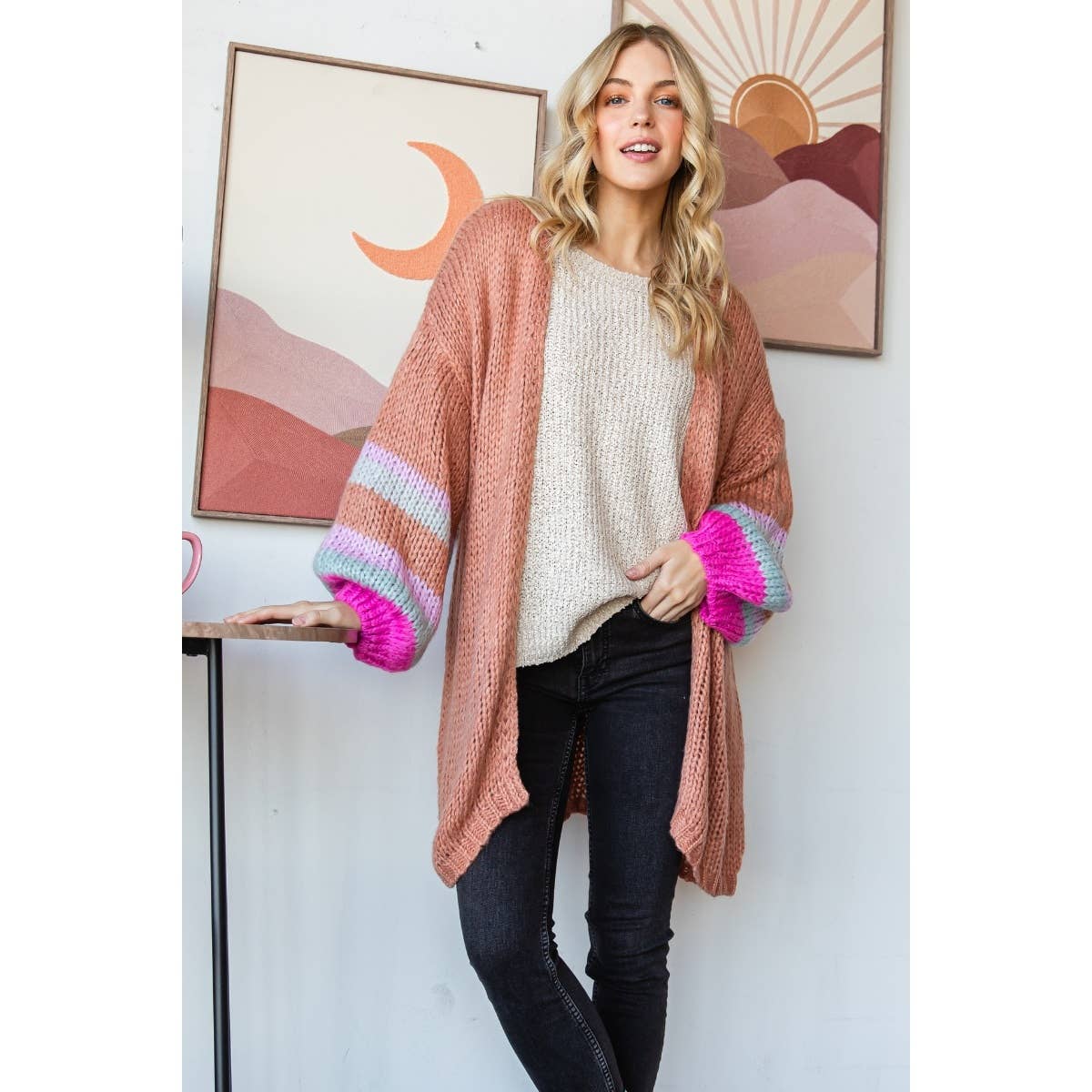 Stripe Sleeve Long Cardigan: Brown