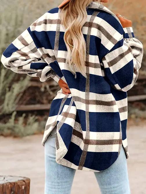 Green Plaid Button Flannel Shirt Jacket: Green