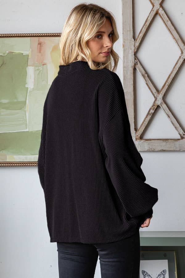 Solid Rib Drop Shoulder Button Balloon Sleeve Cardigan