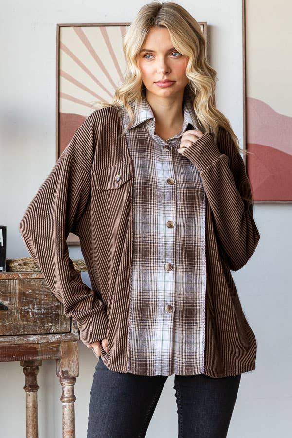 Rib Plaid Contrast Drop Shoulder Button Down Shacket