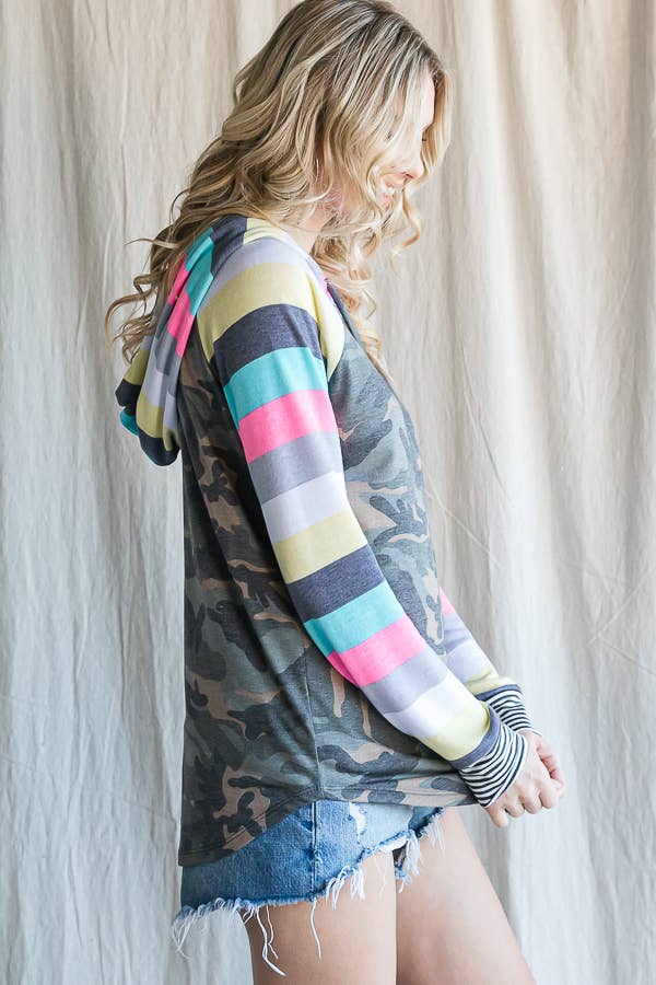 Camo Print Stripe Raglan Sleeve Hoodie