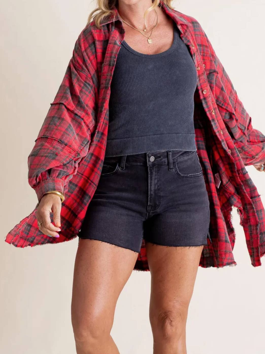 Red Oversize Button Down Raw Edge Plaid Shirt