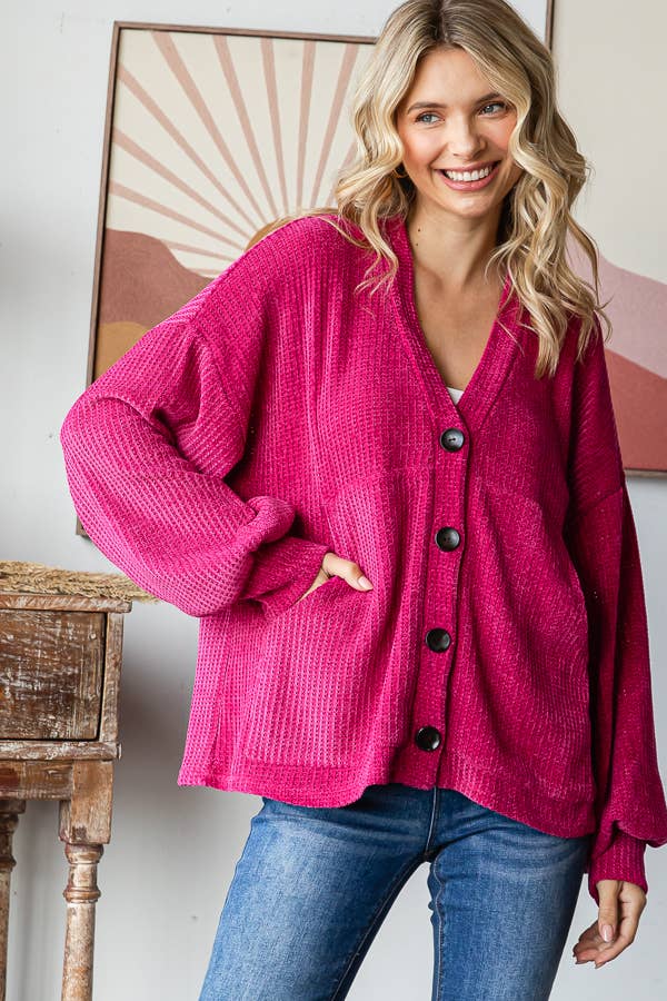Chenille Drop Shoulder Button Front Cardigan