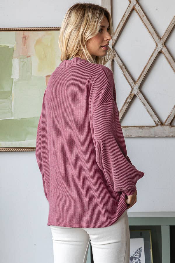 Solid Rib Drop Shoulder Button Balloon Sleeve Cardigan