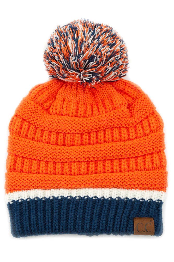 C.C Team Color Ribbed Beanie with Pom Winter Hat: 7.red/white