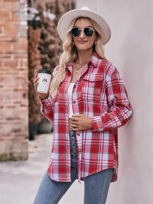 Oversized Loose Plaid Shirt: Red