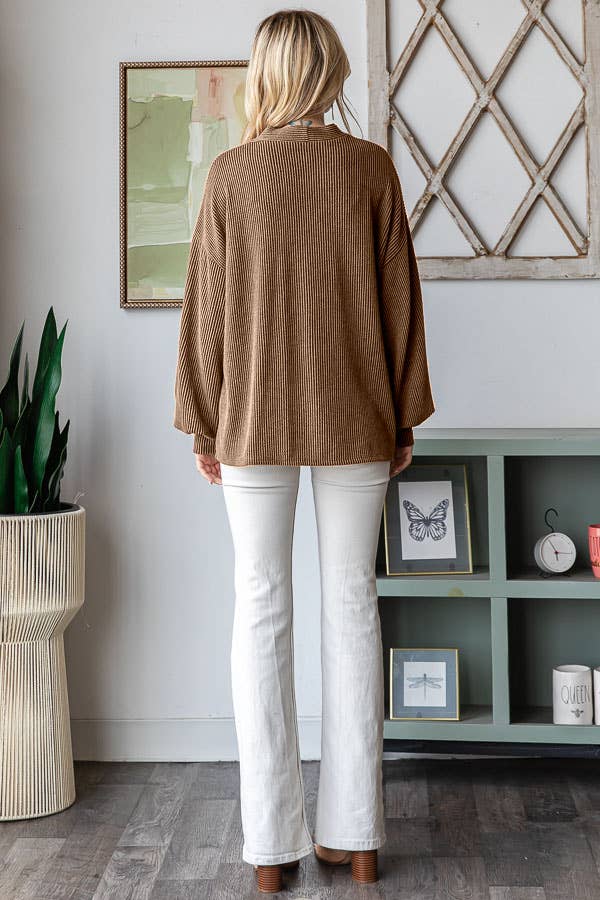 Solid Rib Drop Shoulder Button Balloon Sleeve Cardigan