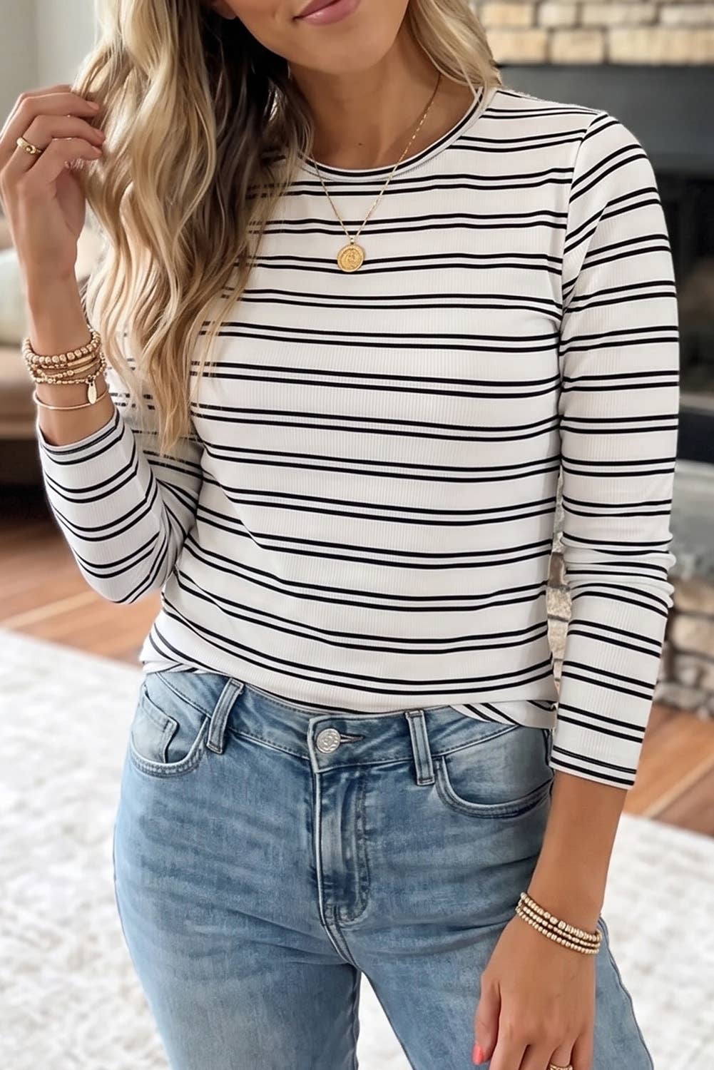 Stripe Ribbed Knit Round Neck Top: Beige