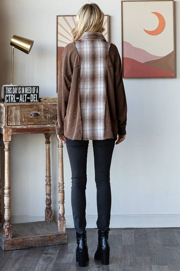 Rib Plaid Contrast Drop Shoulder Button Down Shacket