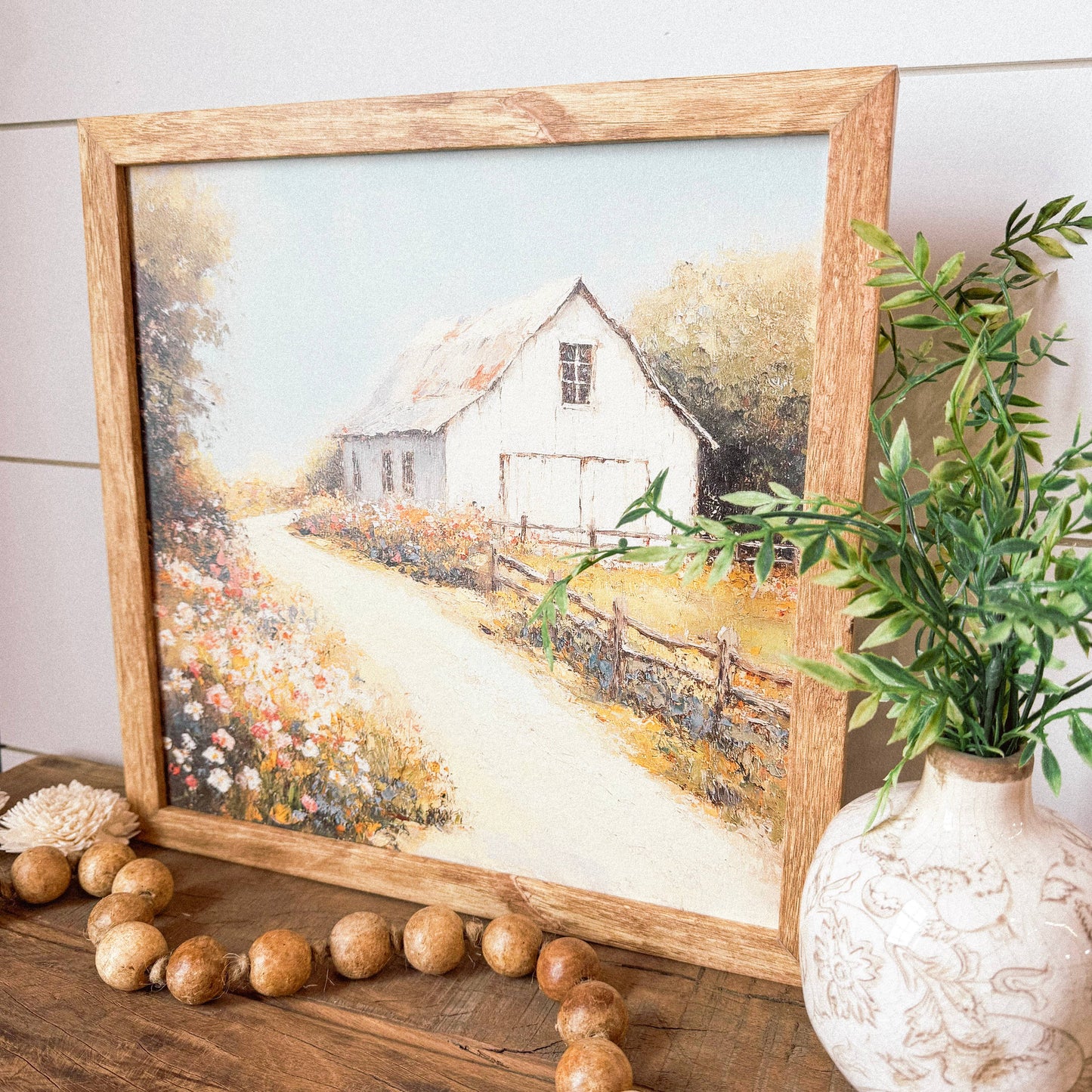 White Barn in Spring Wall Art Print: Light Frame / 10x10 Inches
