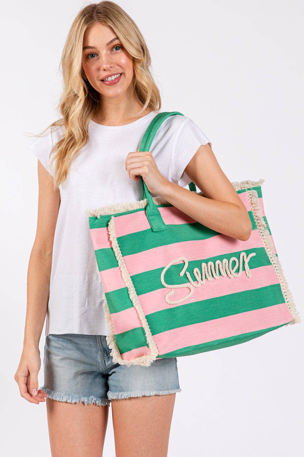 MB0267 Sewn Tope Summer Letter Fringe Striped Tote Bag: Lavender Yellow