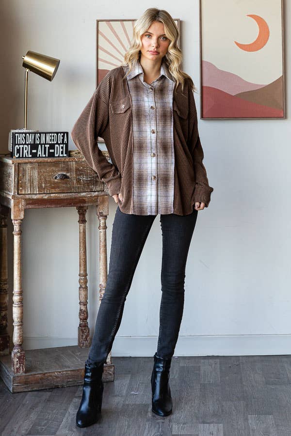 Rib Plaid Contrast Drop Shoulder Button Down Shacket