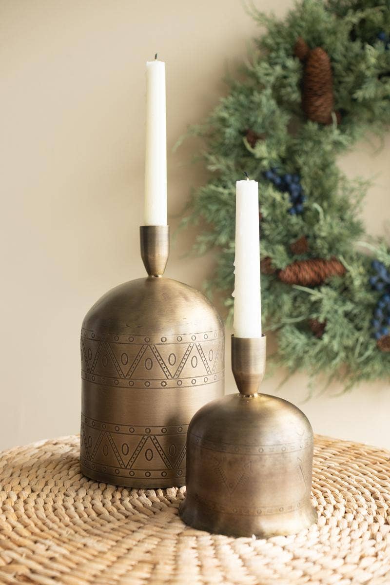 SET OF TWO ANTIQUE BRASS BELL TAPER CANDLE HOLDERS: Gold / Iron / Large: 5"d x 9"t; 
Small: 4"d x 5.5"t