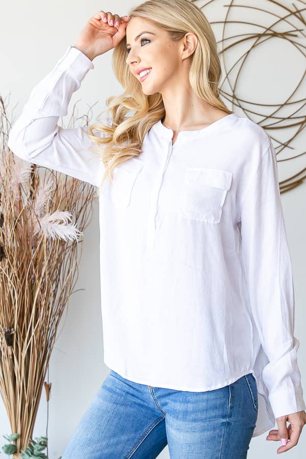 LS ROUND NECK BUTTON DOWN BLOUSE: BLUE
