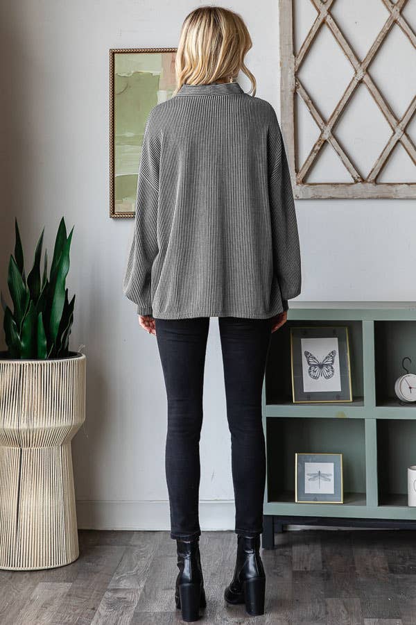 Solid Rib Drop Shoulder Button Balloon Sleeve Cardigan