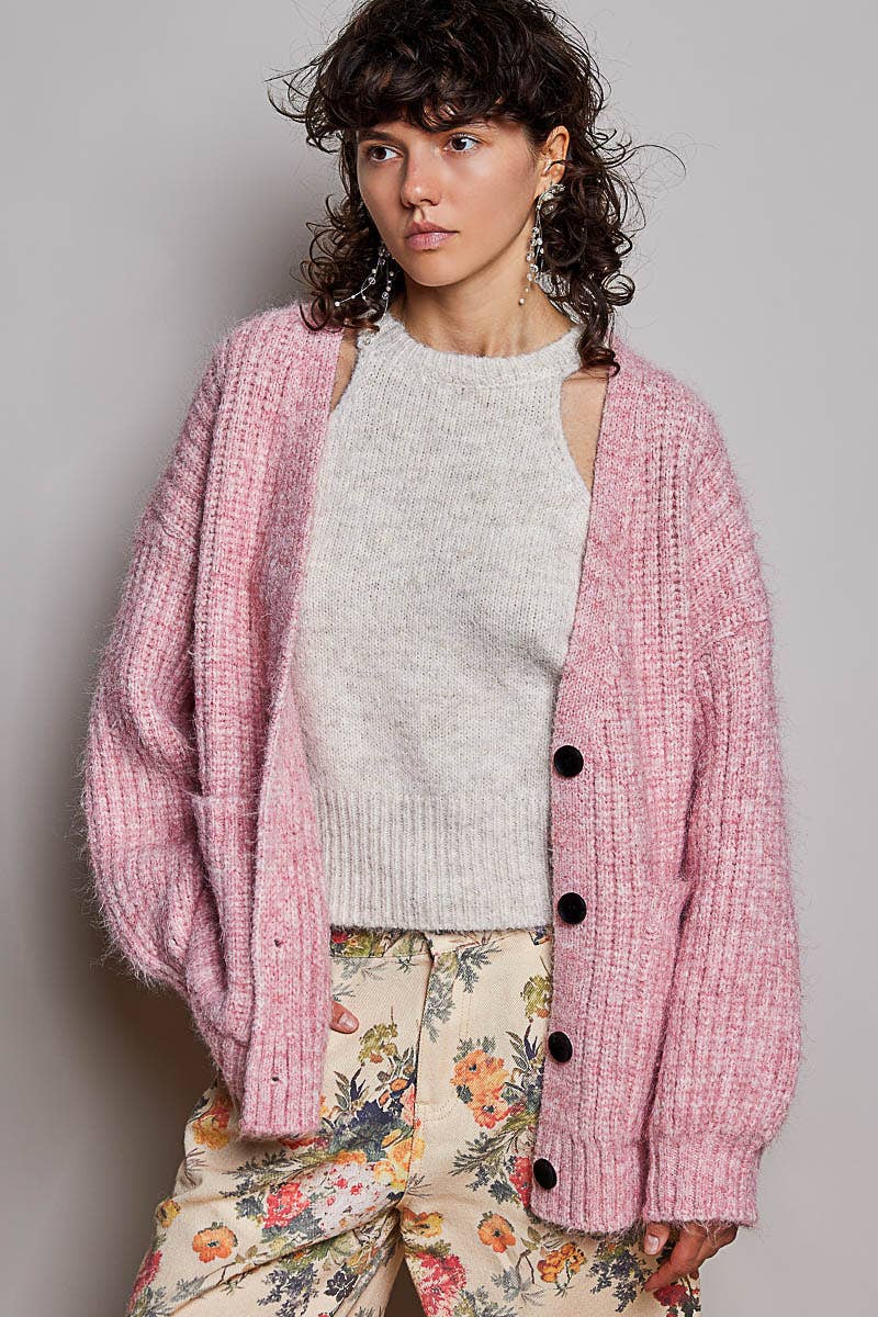 Oversized Ribbed Knit V-Neck Button Pockets Cardigan ALMOND / OS