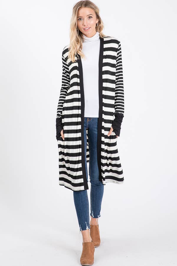 Striped Open front Thumbhole Maxi Cardigan