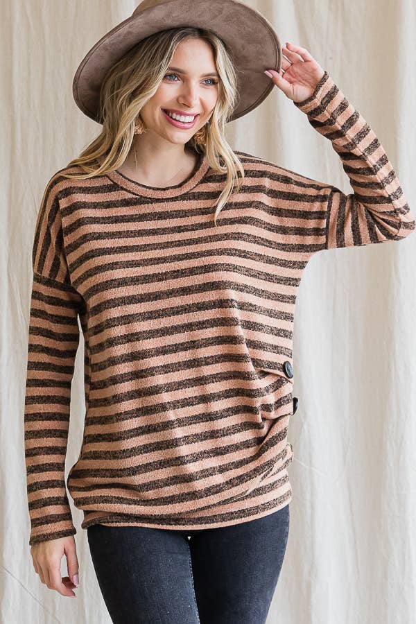 Stripe Drop Shoulder Button Long Sleeve