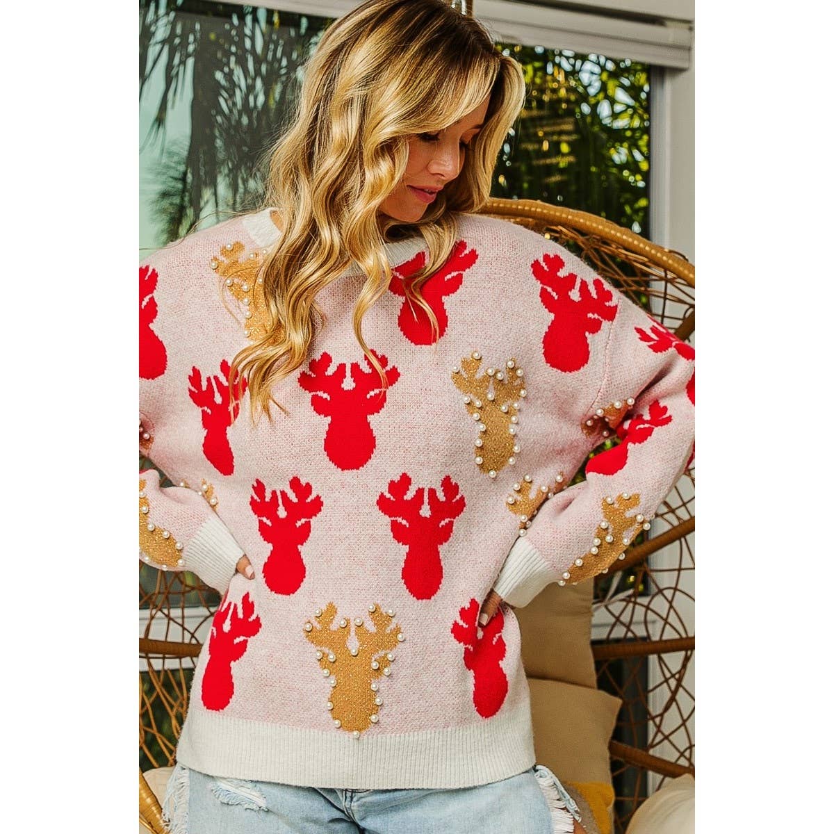 PEARL BEAD RUDOLPH CHRISTMAS SWEATER