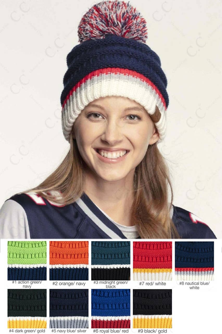 C.C Team Color Ribbed Beanie with Pom Winter Hat: 9.black/Gold