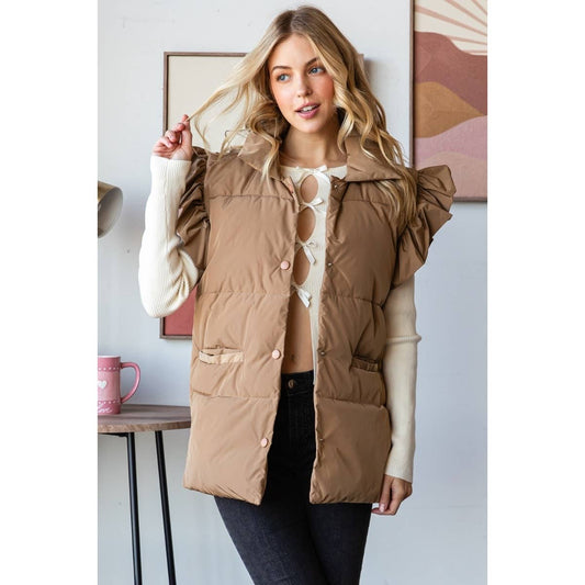 Ruffle Short Sleeve Padded Vest: Mocha