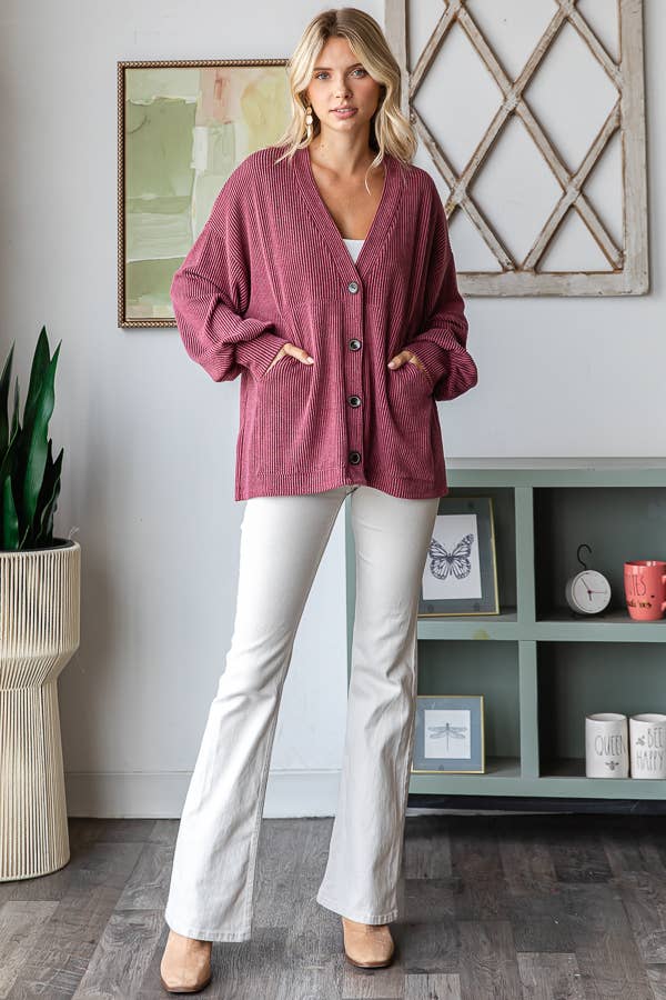 Solid Rib Drop Shoulder Button Balloon Sleeve Cardigan
