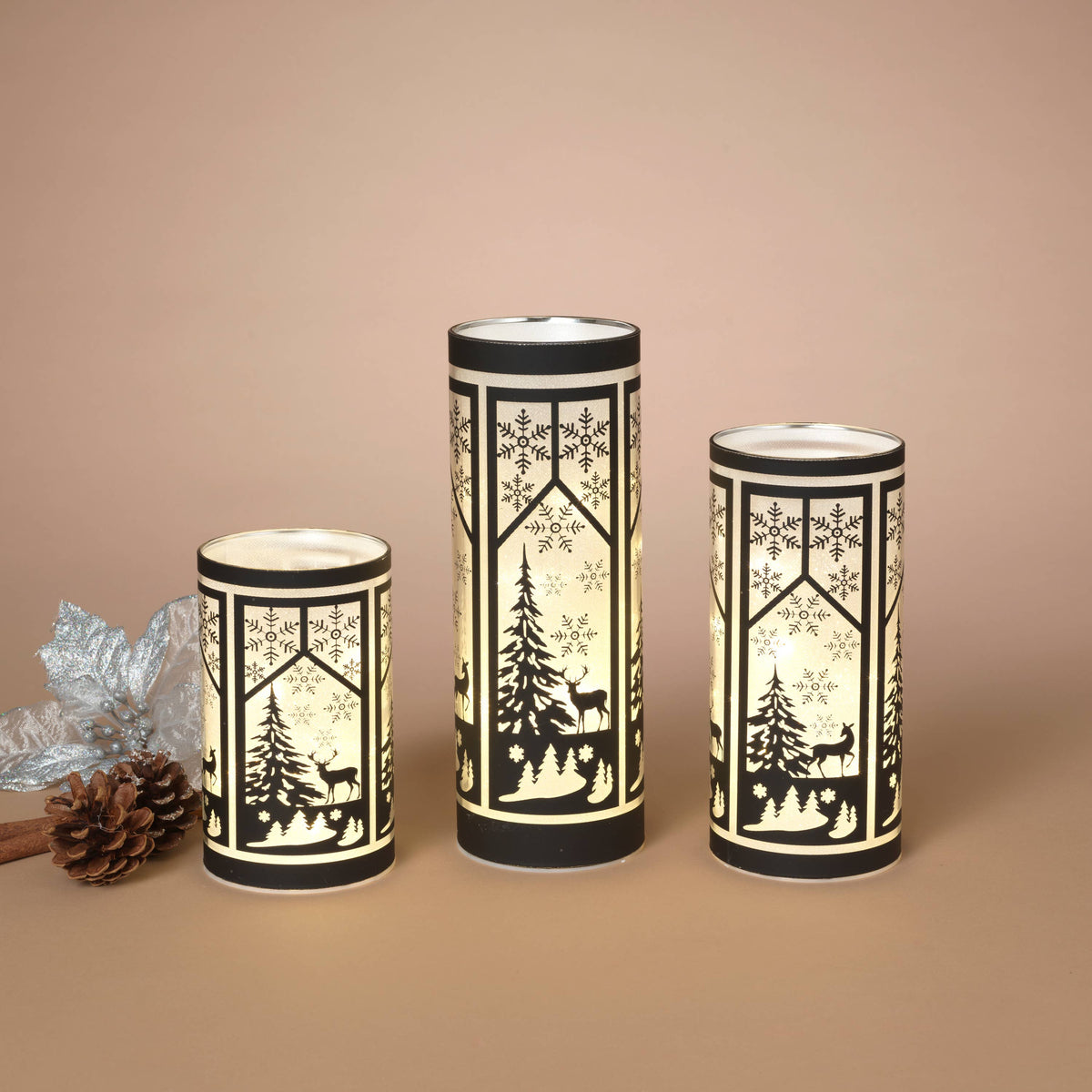 SET Lighted Glass Winter Scene Design Luminaries w/ Timer