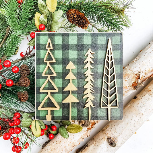 Christmas Mini Block Tiered Tray Signs - Laser Cut Design: 4 Gold Trees