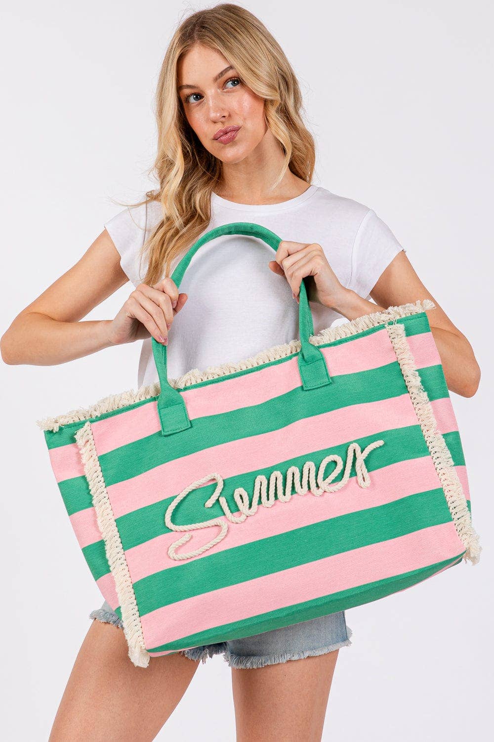 MB0267 Sewn Tope Summer Letter Fringe Striped Tote Bag: Lavender Yellow