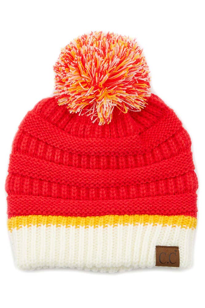 C.C Team Color Ribbed Beanie with Pom Winter Hat: 7.red/white