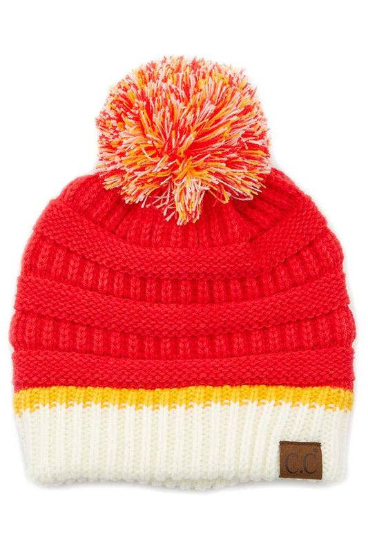 C.C Team Color Ribbed Beanie with Pom Winter Hat: 7.red/white