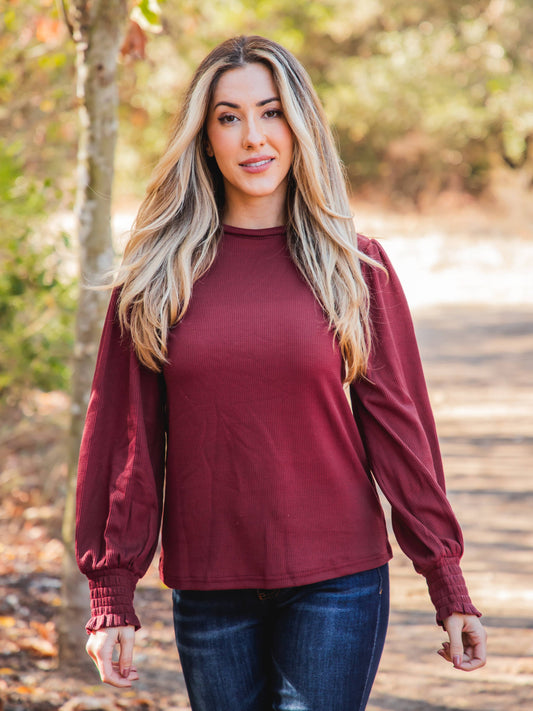 "Chelsea" Gathered Sleeve Mock Neck Top