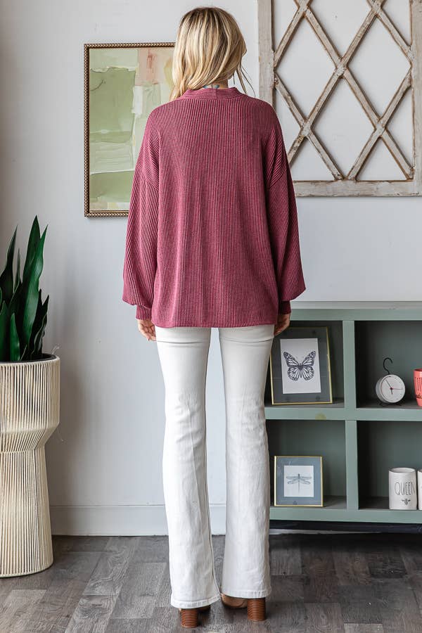 Solid Rib Drop Shoulder Button Balloon Sleeve Cardigan