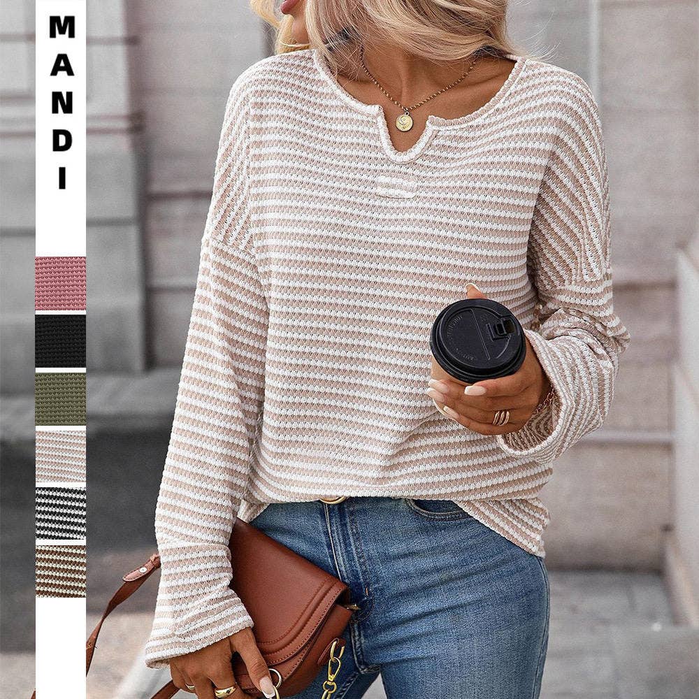 Striped Waffle Knit T-Shirt: Stripes-Apricot