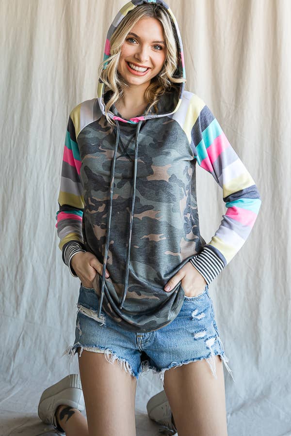 Camo Print Stripe Raglan Sleeve Hoodie