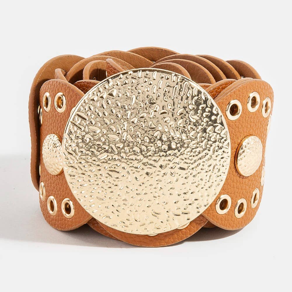 Hammered Disc Accent Panel Link Vegan Leather Belt
