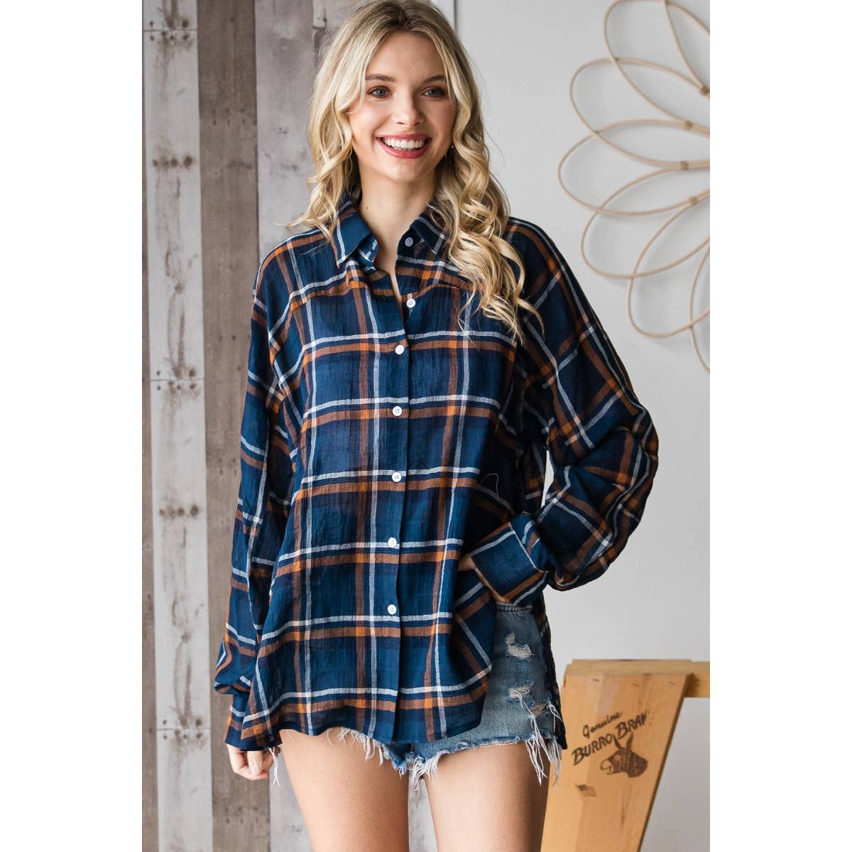 Boyfriend Button Down Plaid Shirt: Navy