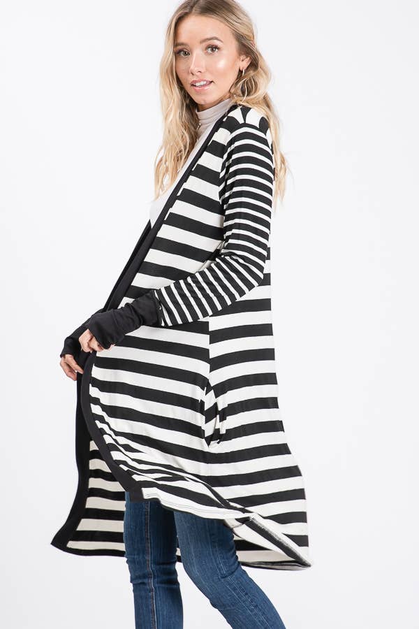 Striped Open front Thumbhole Maxi Cardigan