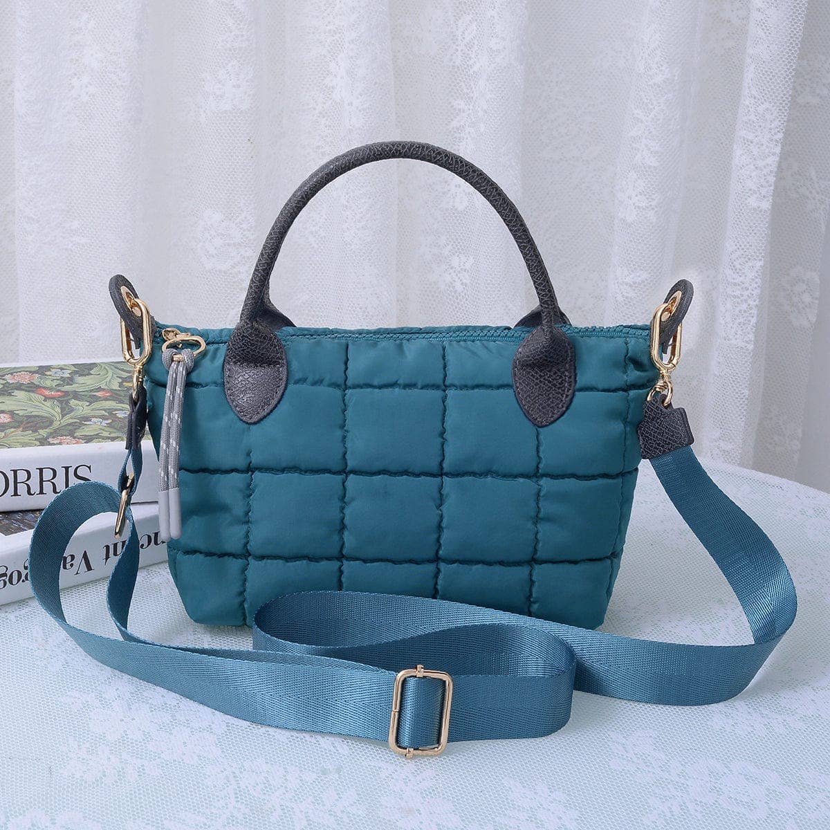 QP782 Quilted Puffer Satchel/Crossbody Bag: Taupe