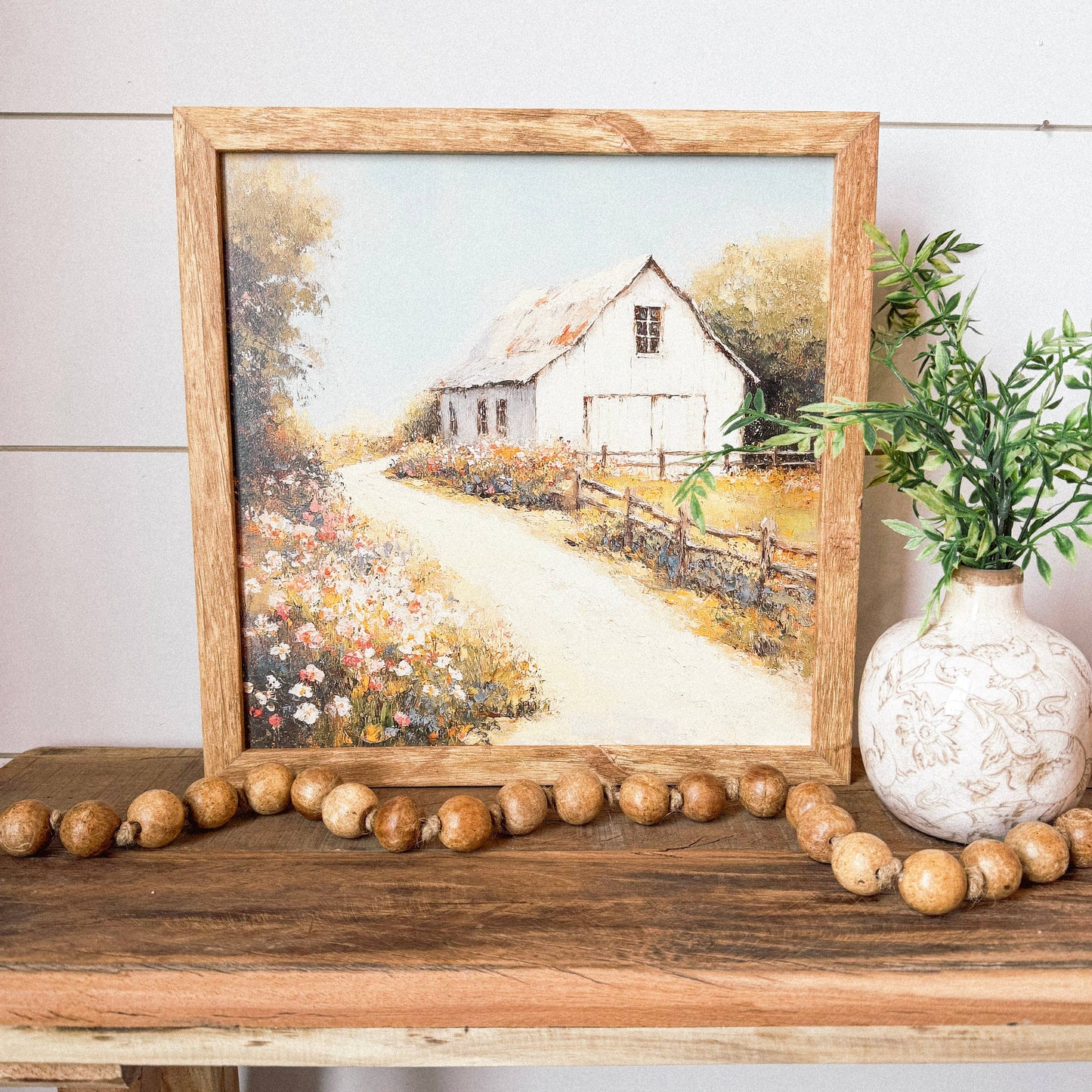 White Barn in Spring Wall Art Print: Light Frame / 10x10 Inches