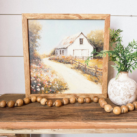 White Barn in Spring Wall Art Print: Light Frame / 10x10 Inches