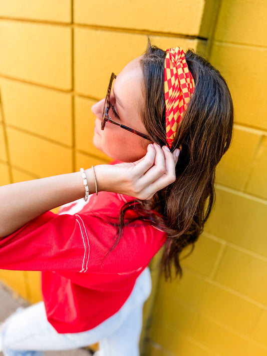 Scarlet/Gold Wavy Checkered Turband Headband