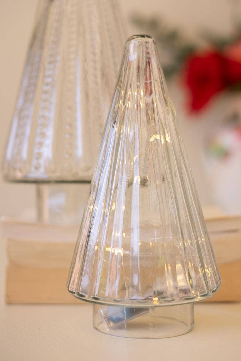 SET OF TWO GLASS CHRISTMAS TREES - CLEAR: Clear / Glass / Large: 7"d x 14.5"t; 
Small: 5"d x 9.5"t