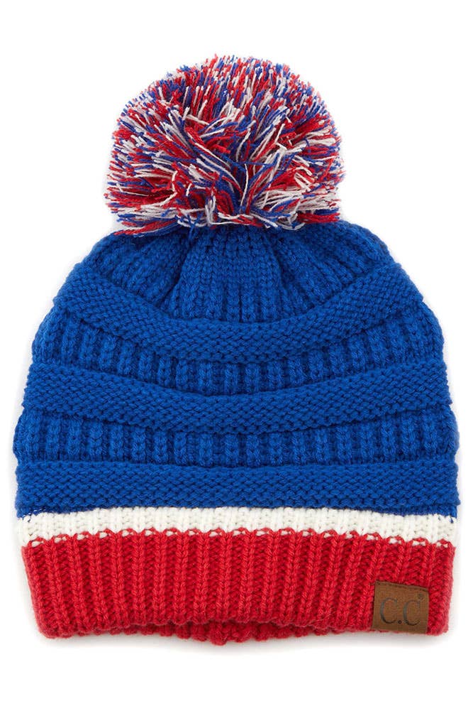 C.C Team Color Ribbed Beanie with Pom Winter Hat: 9.black/Gold