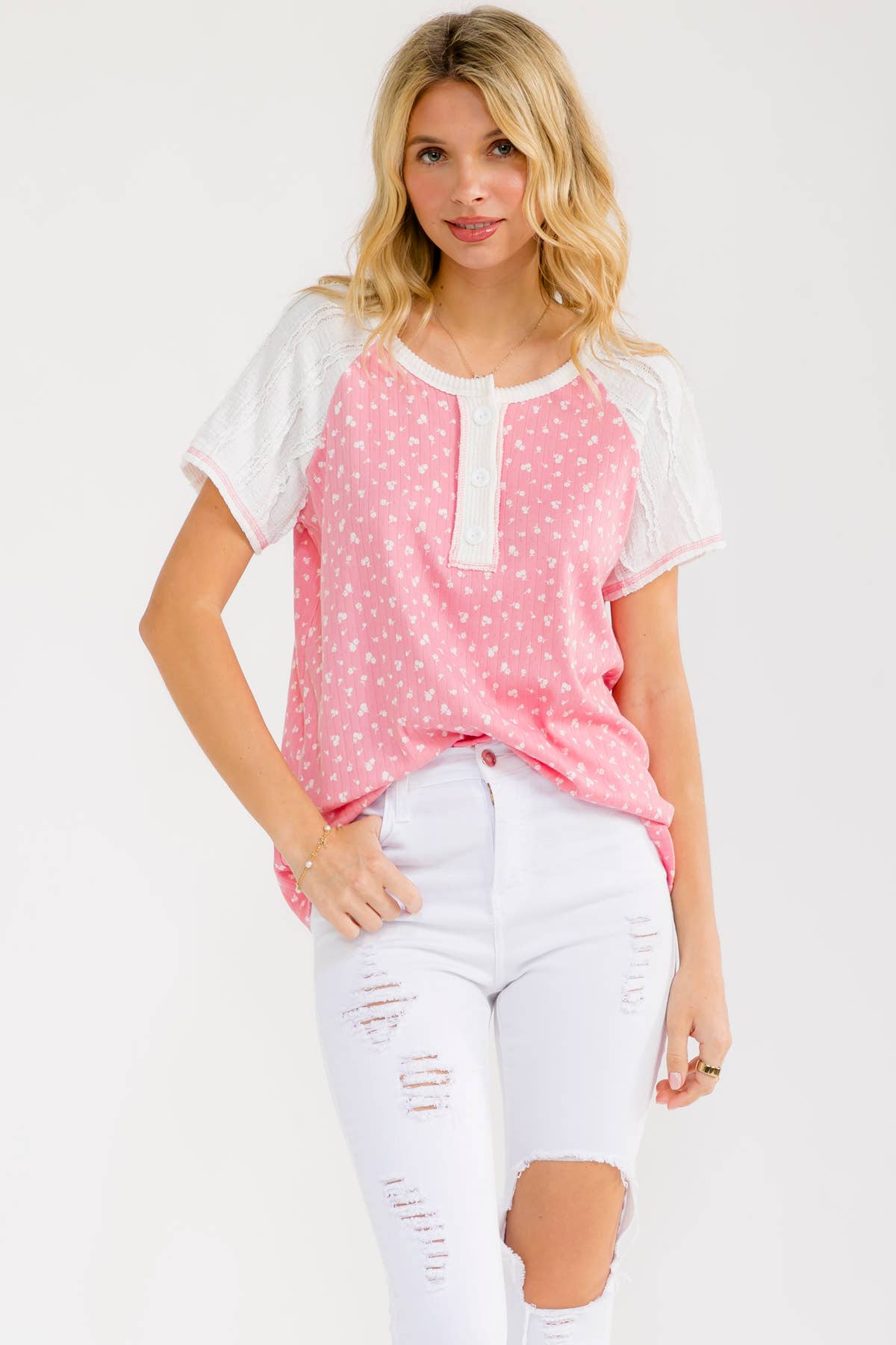 Floral Contrast Sleeve Henley