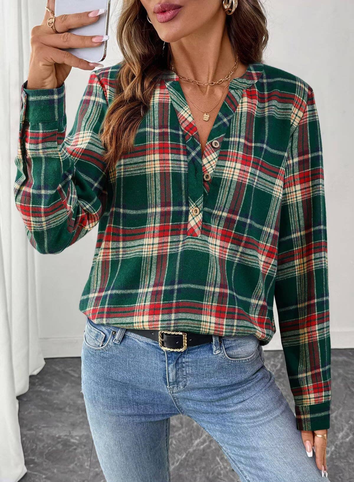 Christmas Holiday V-Neck Checker Plaid Blouse